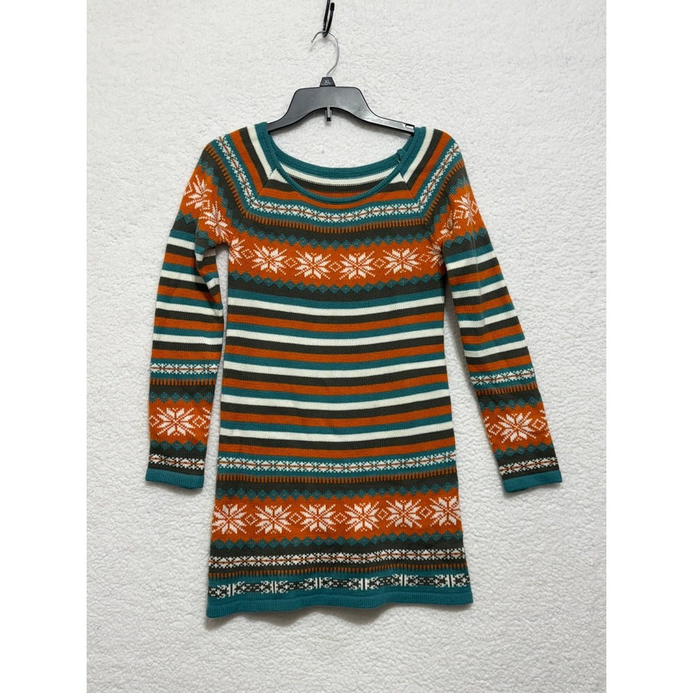 Old Navy‎ Women Orange Teal Fair Isle Stripe Sweater Dress XL